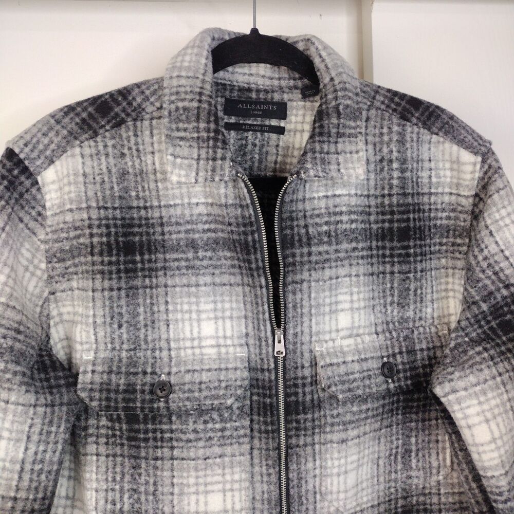 Allsaints Chalkhill Plaid Flannel Shirt Jacket Men Sz L White Black Grey Shacket